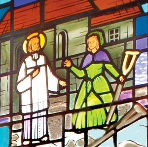 Saint John Vianney Heals Crippled Girl - Detail of Stained Glass Window at Saint John Vianney Church, Johnstown, PA