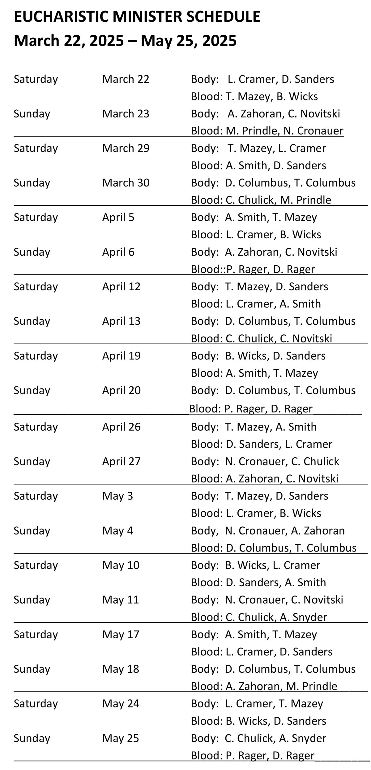 Eucharistic Minister Schedule March 22 thru May 25 -2025