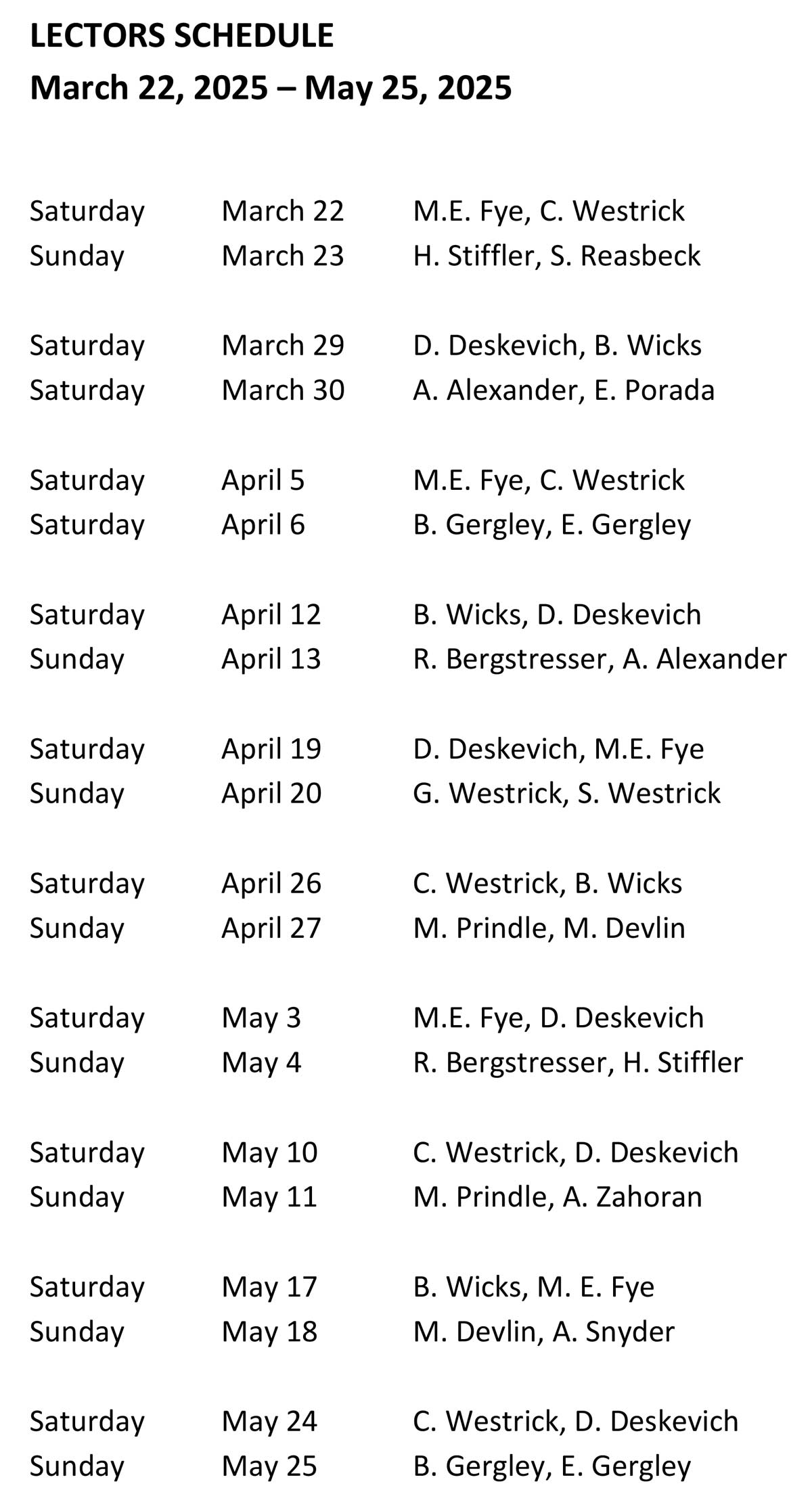 Lector Schedule March 22 thru May 25 -2025
