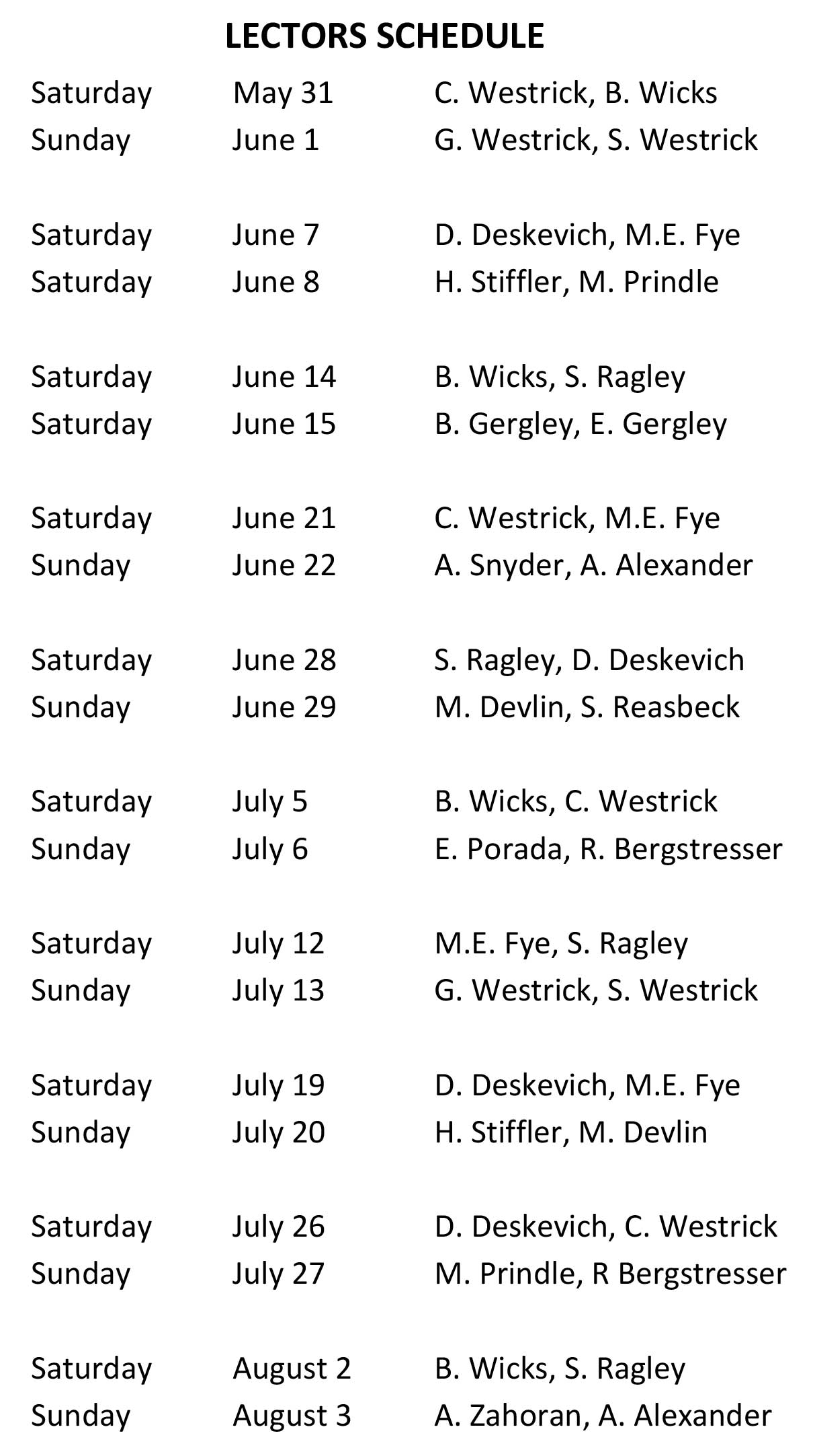 Lector Schedule May 31 thru Aug 3 -2025