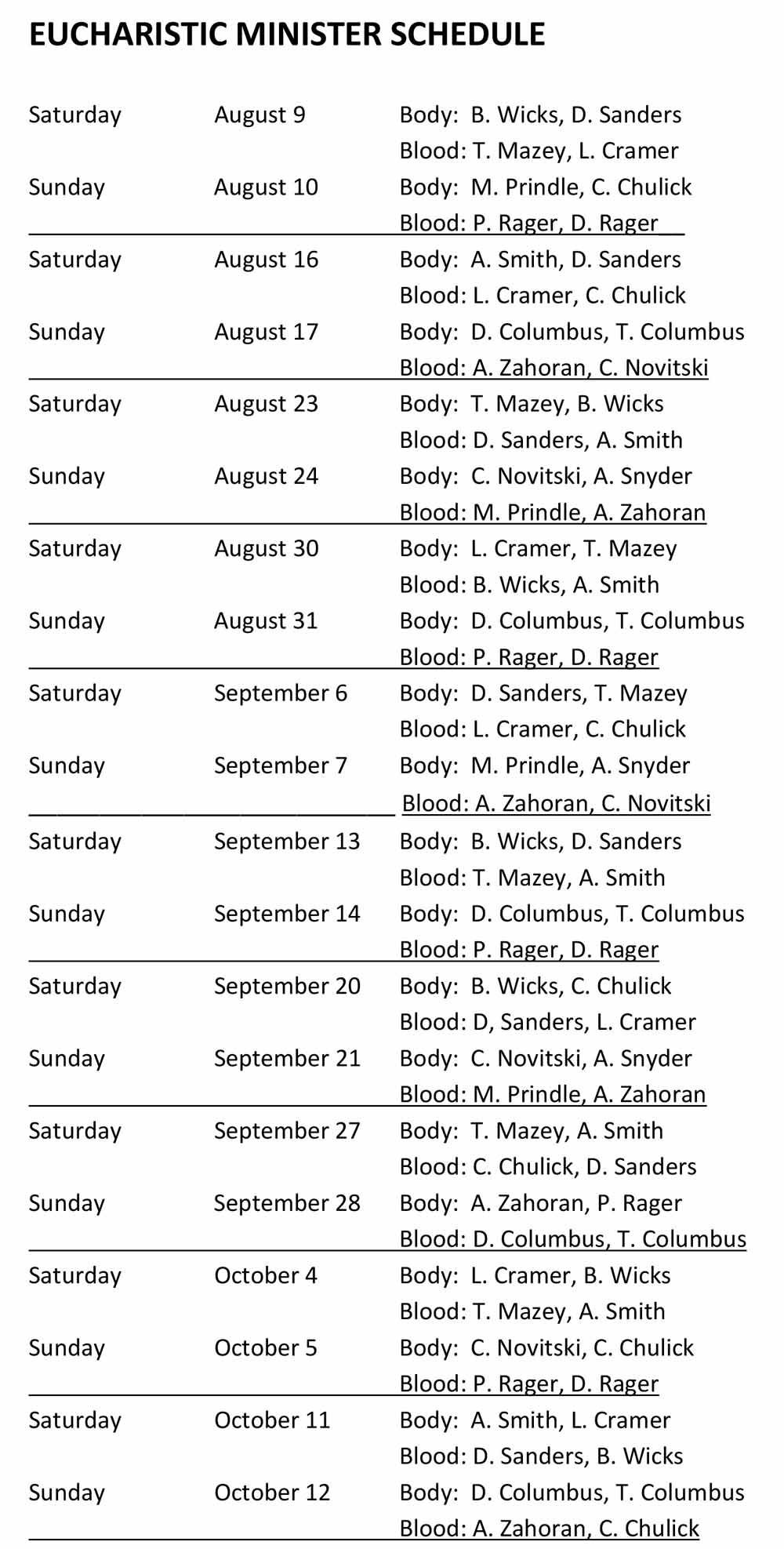 Eucharistic Minister Schedule August 9 thru October 12, 2025