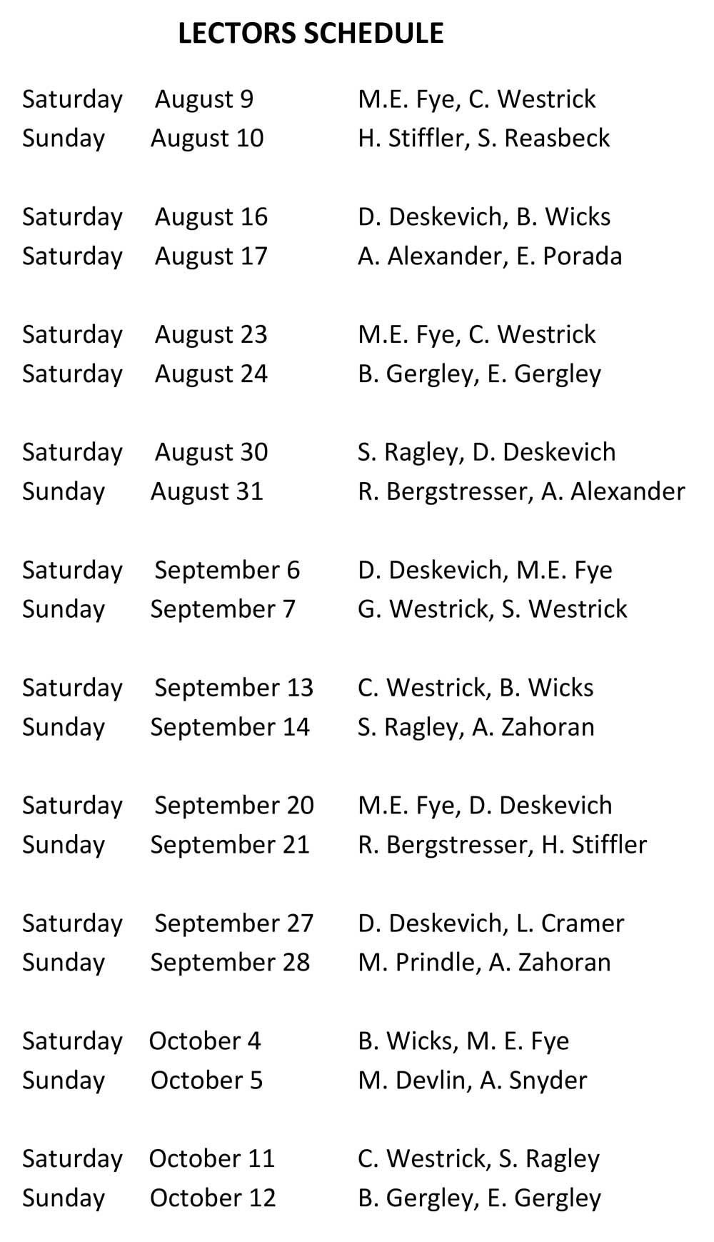 Lector Schedule August 9 thru October 12, 2025