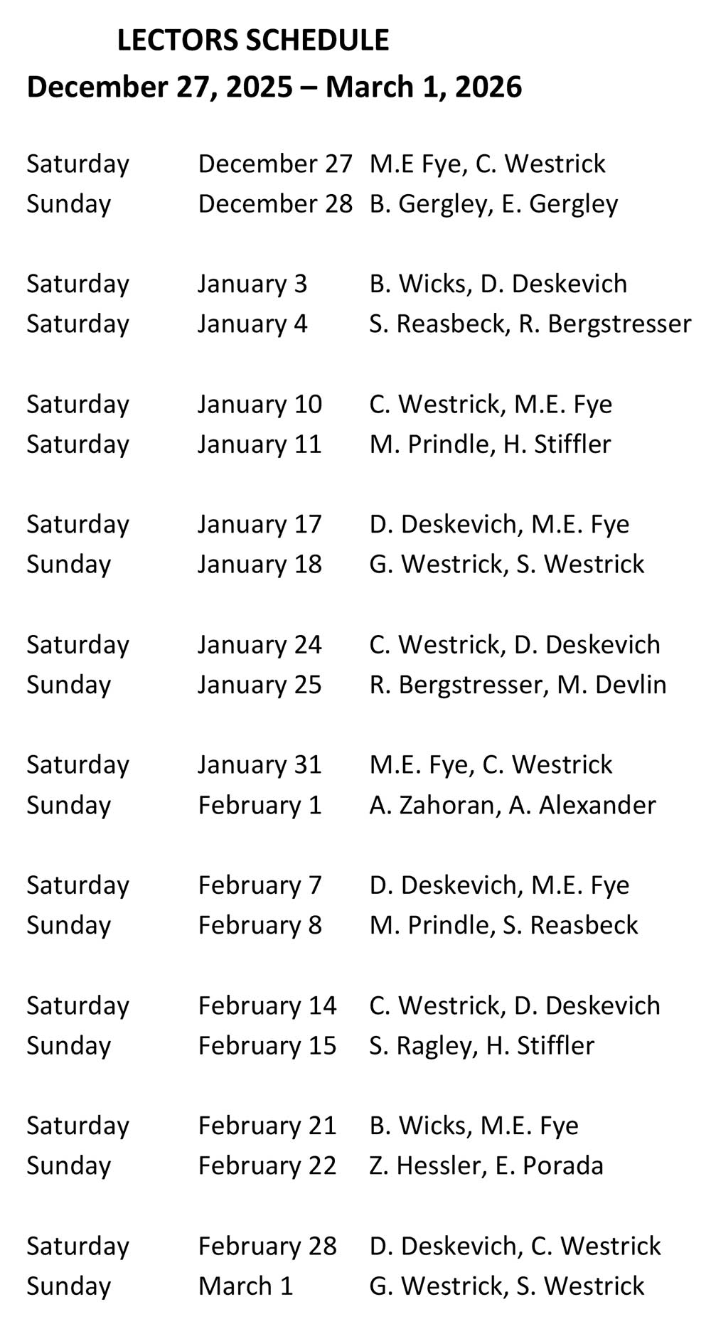 Parish Lector Schedule December 27-2025 thru March 1-2016